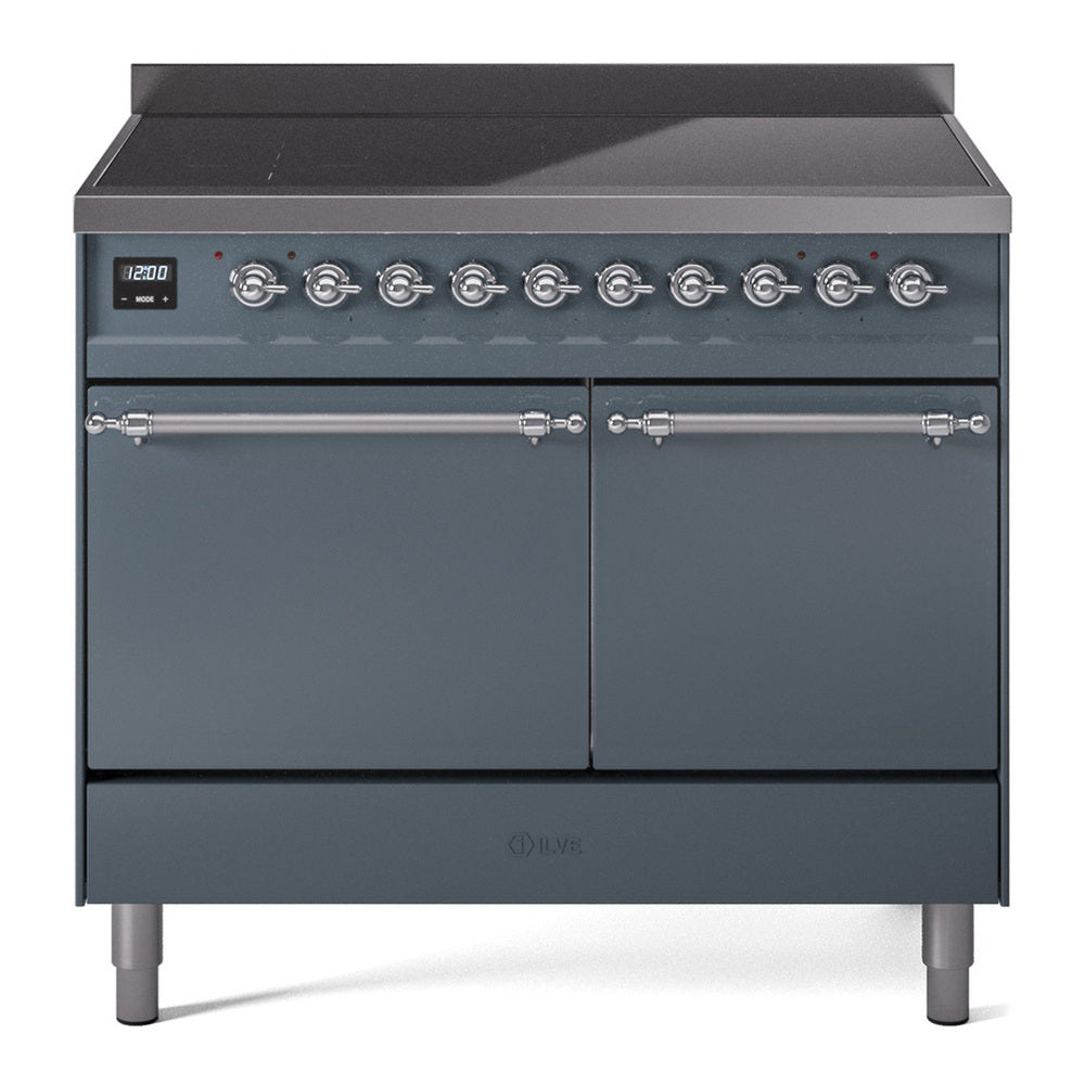 ILVE Nostalgie II 40" Induction Range - Double Ovens, 6-Element Induction - Solid Door - Blue Grey / Chrome