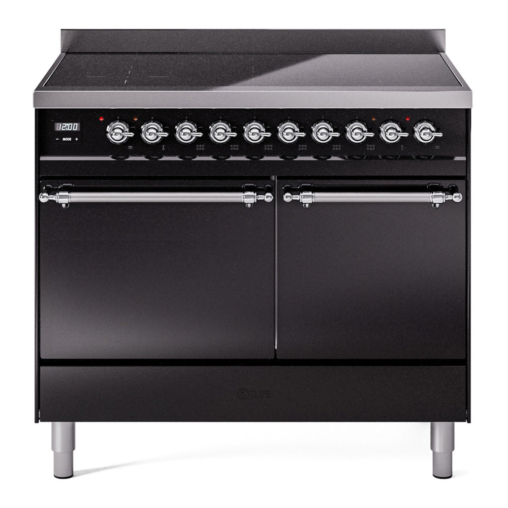 ILVE Nostalgie II 40" Induction Range - Double Ovens, 6-Element Induction - Solid Door - Glossy Black / Chrome