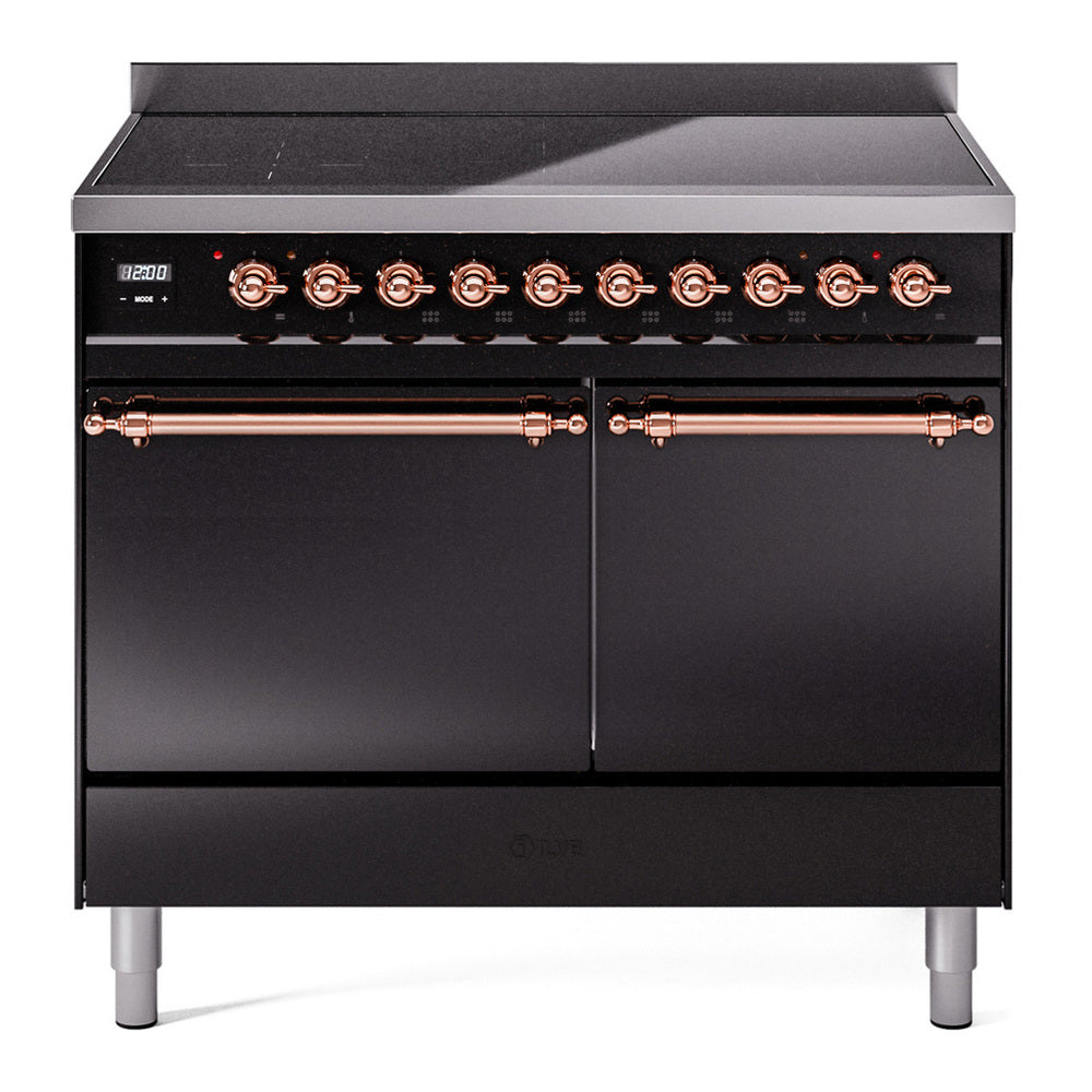 ILVE Nostalgie II 40" Induction Range - Double Ovens, 6-Element Induction - Solid Door - Glossy Black / Copper