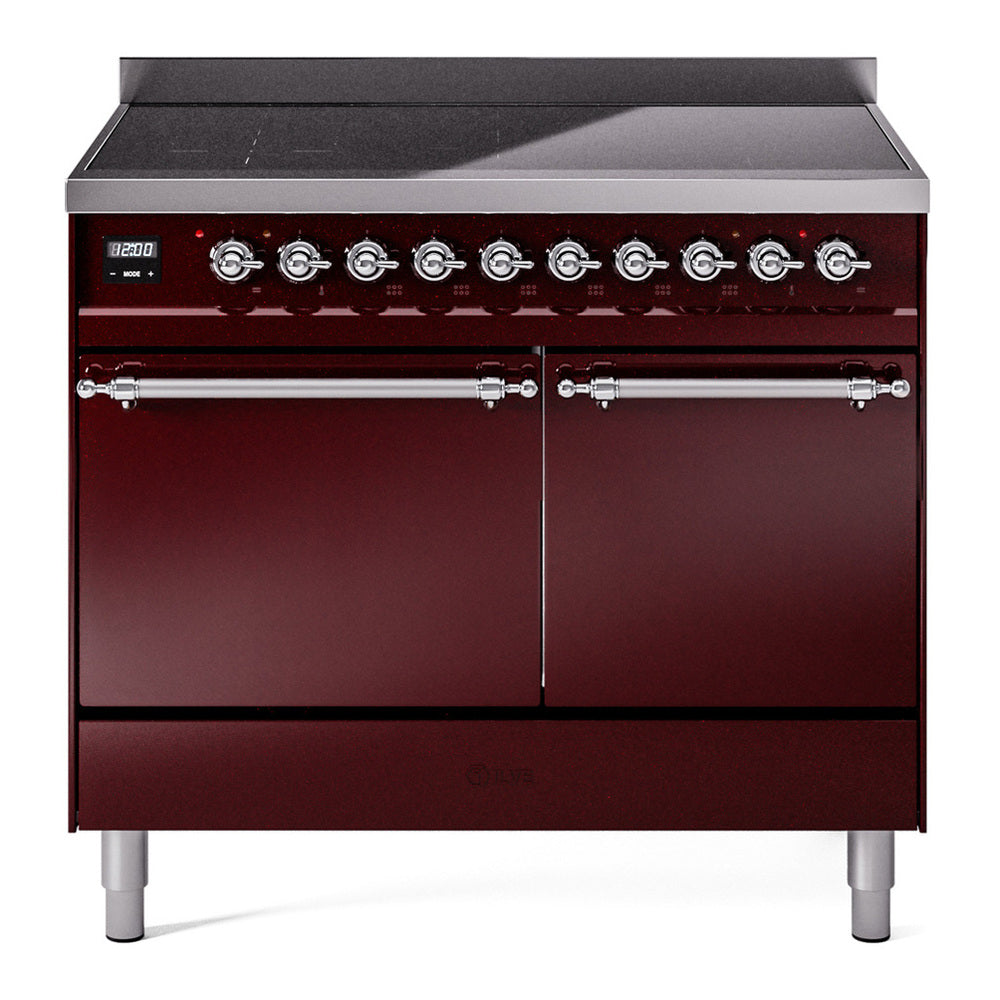 ILVE Nostalgie II 40" Induction Range - Double Ovens, 6-Element Induction - Solid Door - Burgundy / Chrome