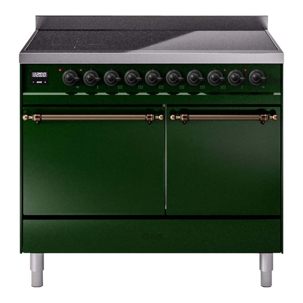 ILVE Nostalgie II 40" Induction Range - Double Ovens, 6-Element Induction - Solid Door - Emerald Green / Bronze