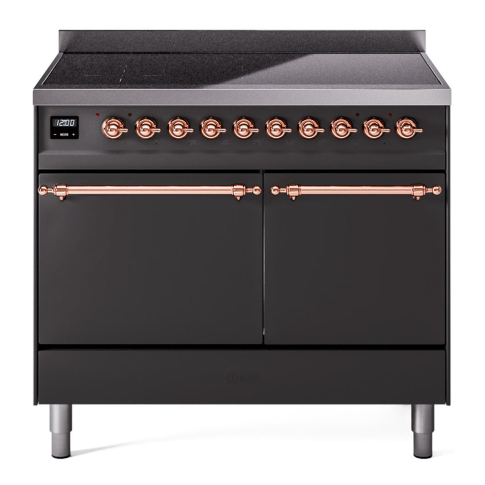 ILVE Nostalgie II 40" Induction Range - Double Ovens, 6-Element Induction - Solid Door - Graphite Matte / Copper