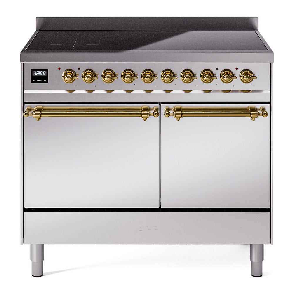 ILVE Nostalgie II 40" Induction Range - Double Ovens, 6-Element Induction - Solid Door - Stainless Steel / Brass