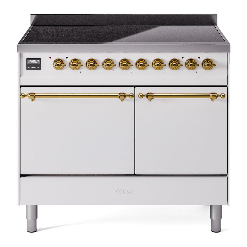 ILVE Nostalgie II 40" Induction Range - Double Ovens, 6-Element Induction - Solid Door - White / Brass