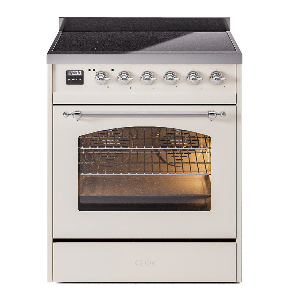 ILVE Nostalgie II 30" Induction Range - 4-Element Induction, 4.0 cu. ft. Oven - Triple Glass Door - Antique White / Chrome