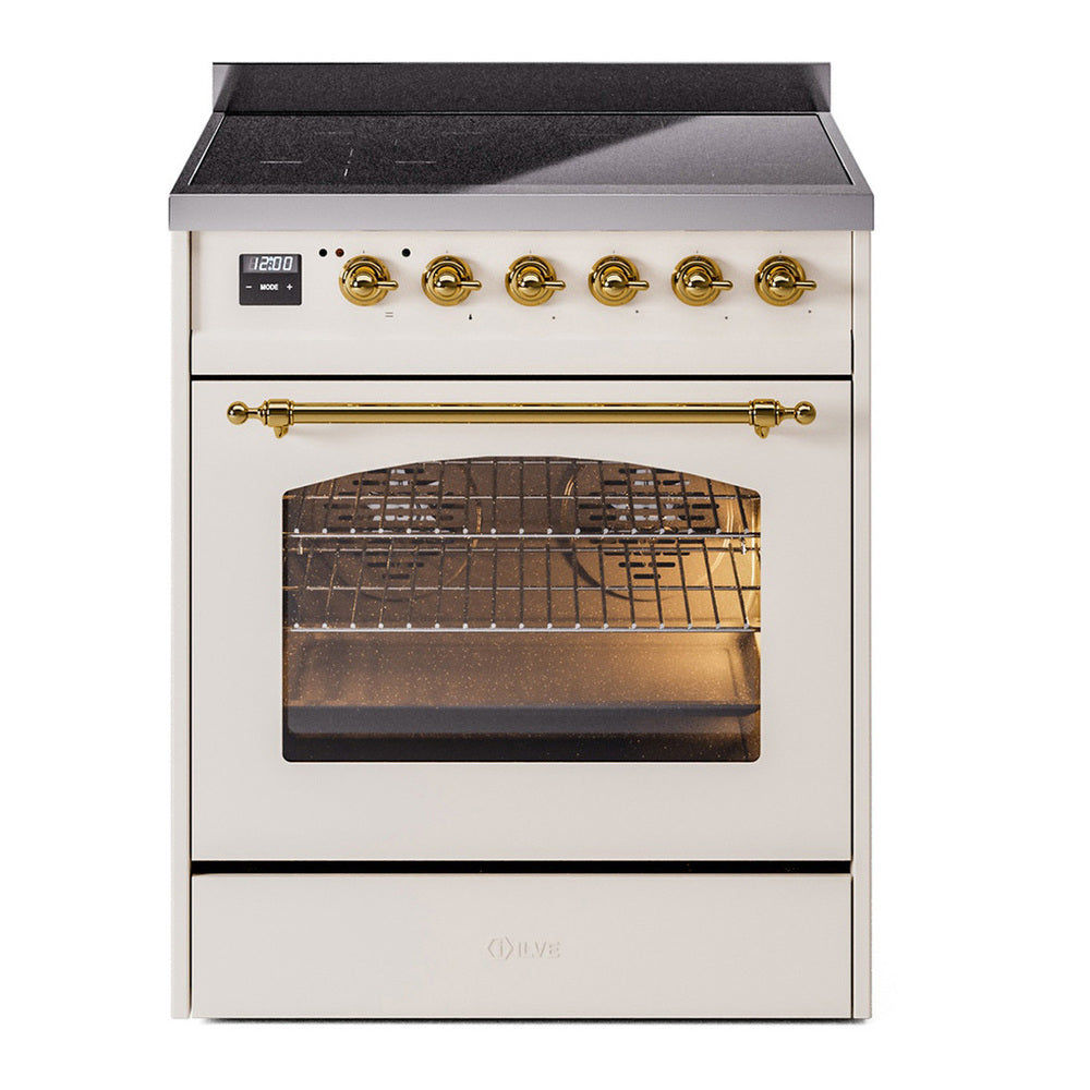 ILVE Nostalgie II 30" Induction Range - 4-Element Induction, 4.0 cu. ft. Oven - Triple Glass Door - Antique White / Brass