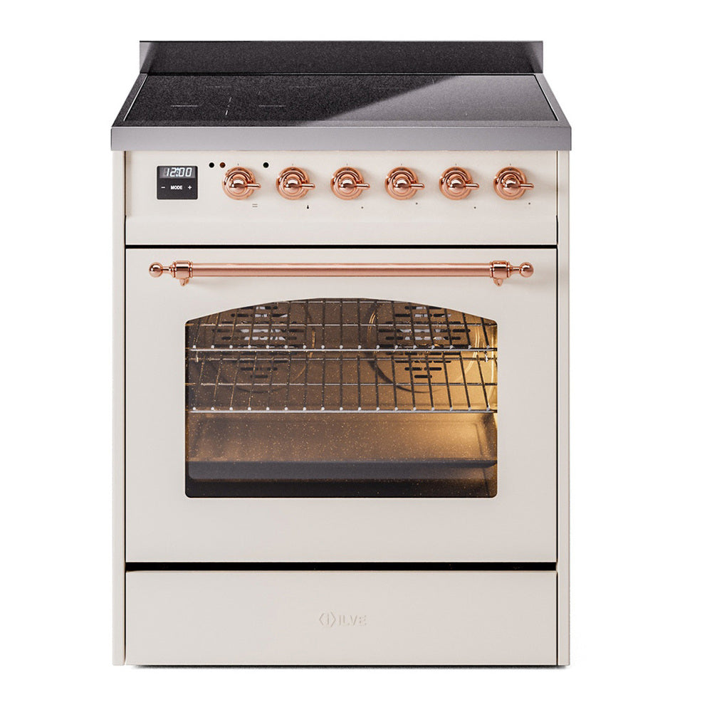 ILVE Nostalgie II 30" Induction Range - 4-Element Induction, 4.0 cu. ft. Oven - Triple Glass Door - Antique White / Copper