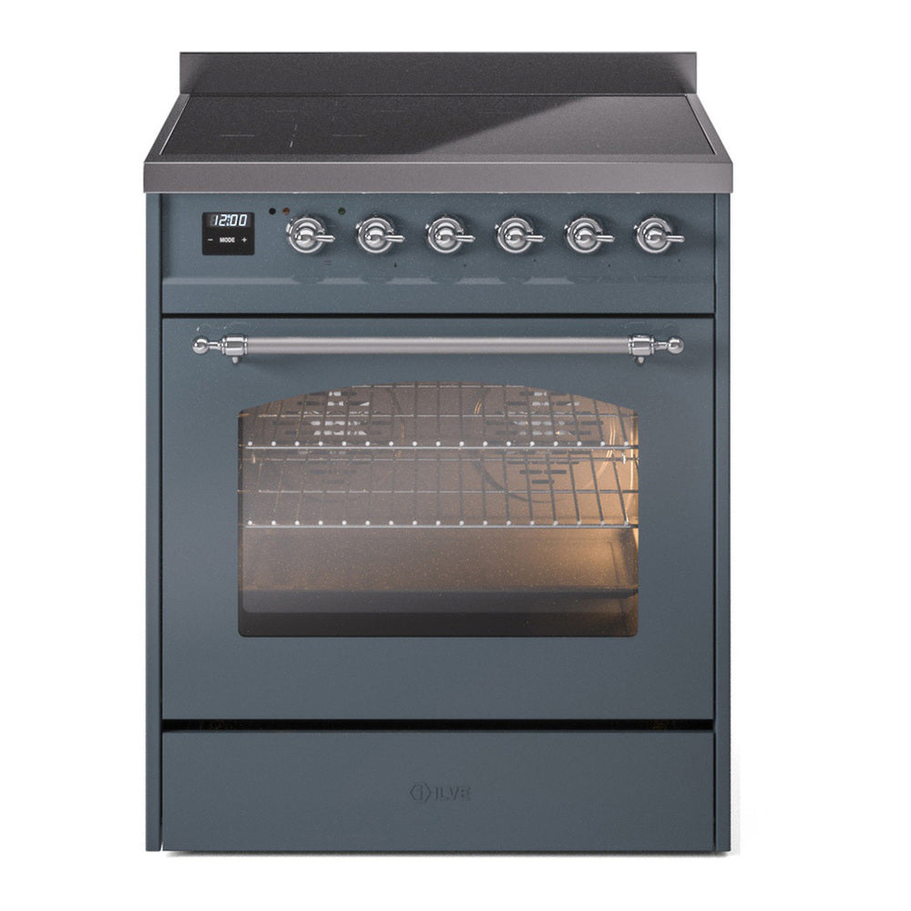 ILVE Nostalgie II 30" Induction Range - 4-Element Induction, 4.0 cu. ft. Oven - Triple Glass Door - Blue Grey / Chrome