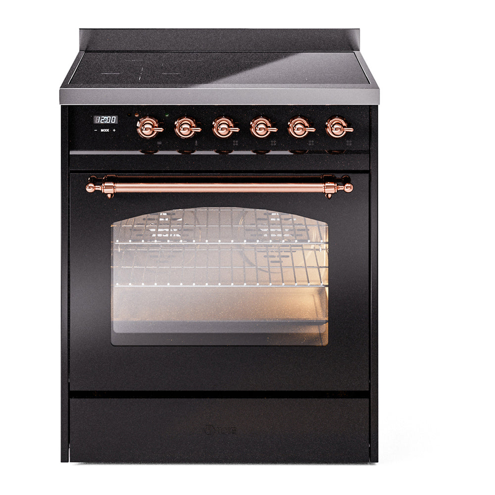 ILVE Nostalgie II 30" Induction Range - 4-Element Induction, 4.0 cu. ft. Oven - Triple Glass Door - Glossy Black / Copper