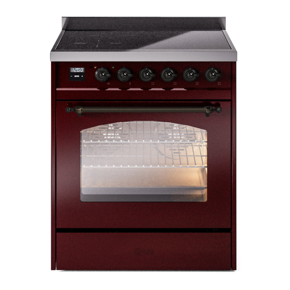 ILVE Nostalgie II 30" Induction Range - 4-Element Induction, 4.0 cu. ft. Oven - Triple Glass Door - Burgundy / Bronze