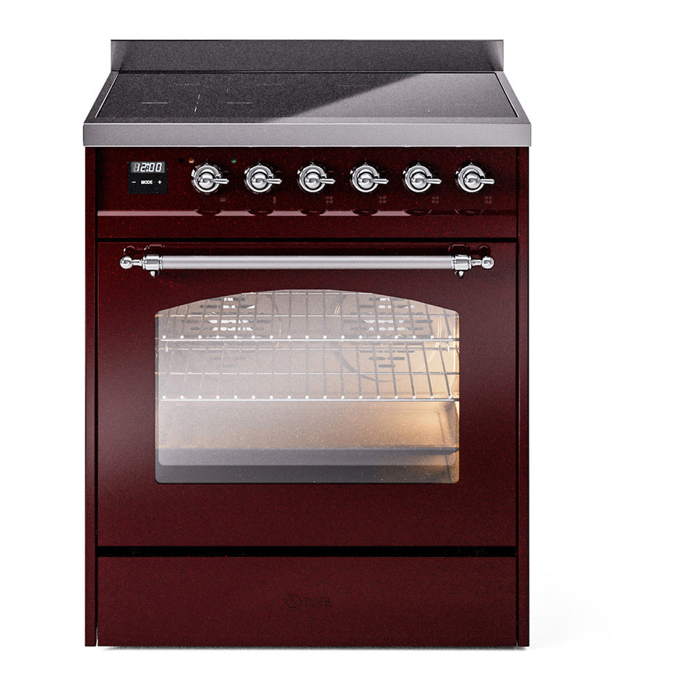 ILVE Nostalgie II 30" Induction Range - 4-Element Induction, 4.0 cu. ft. Oven - Triple Glass Door - Burgundy / Chrome