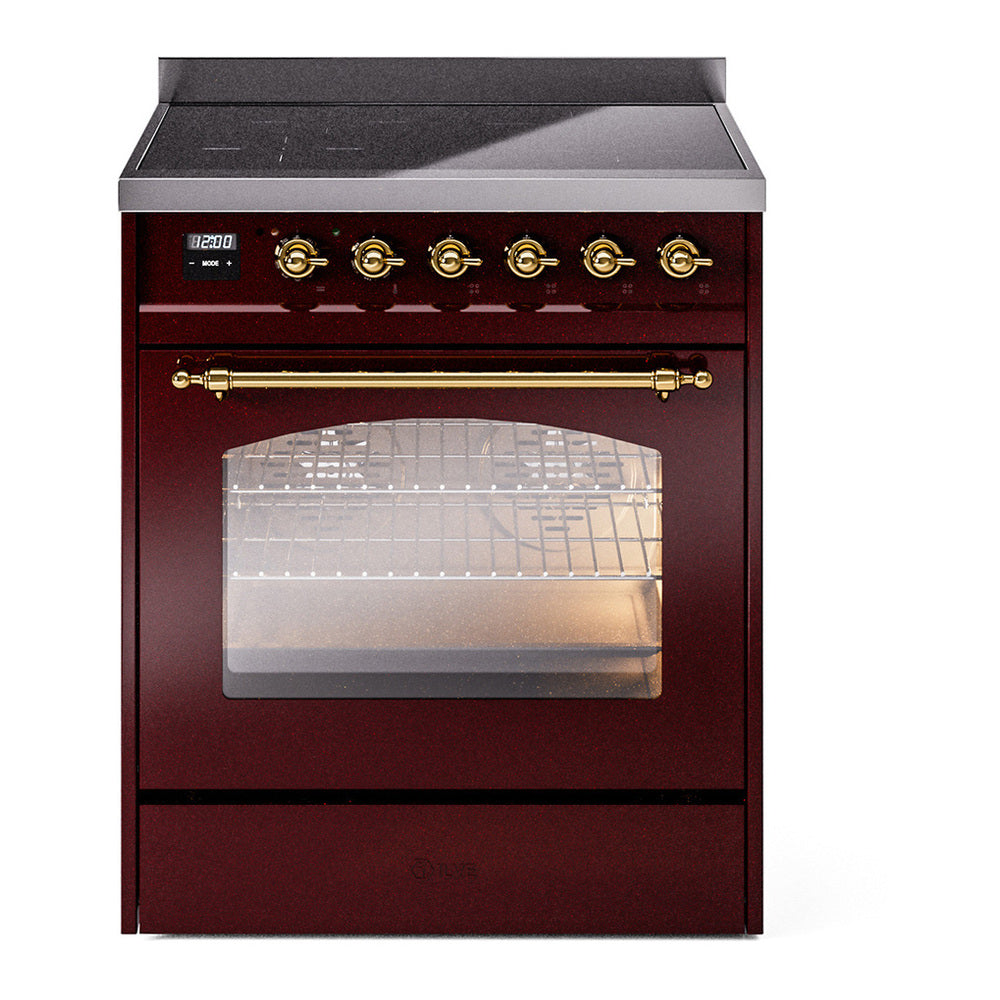 ILVE Nostalgie II 30" Induction Range - 4-Element Induction, 4.0 cu. ft. Oven - Triple Glass Door - Burgundy / Brass
