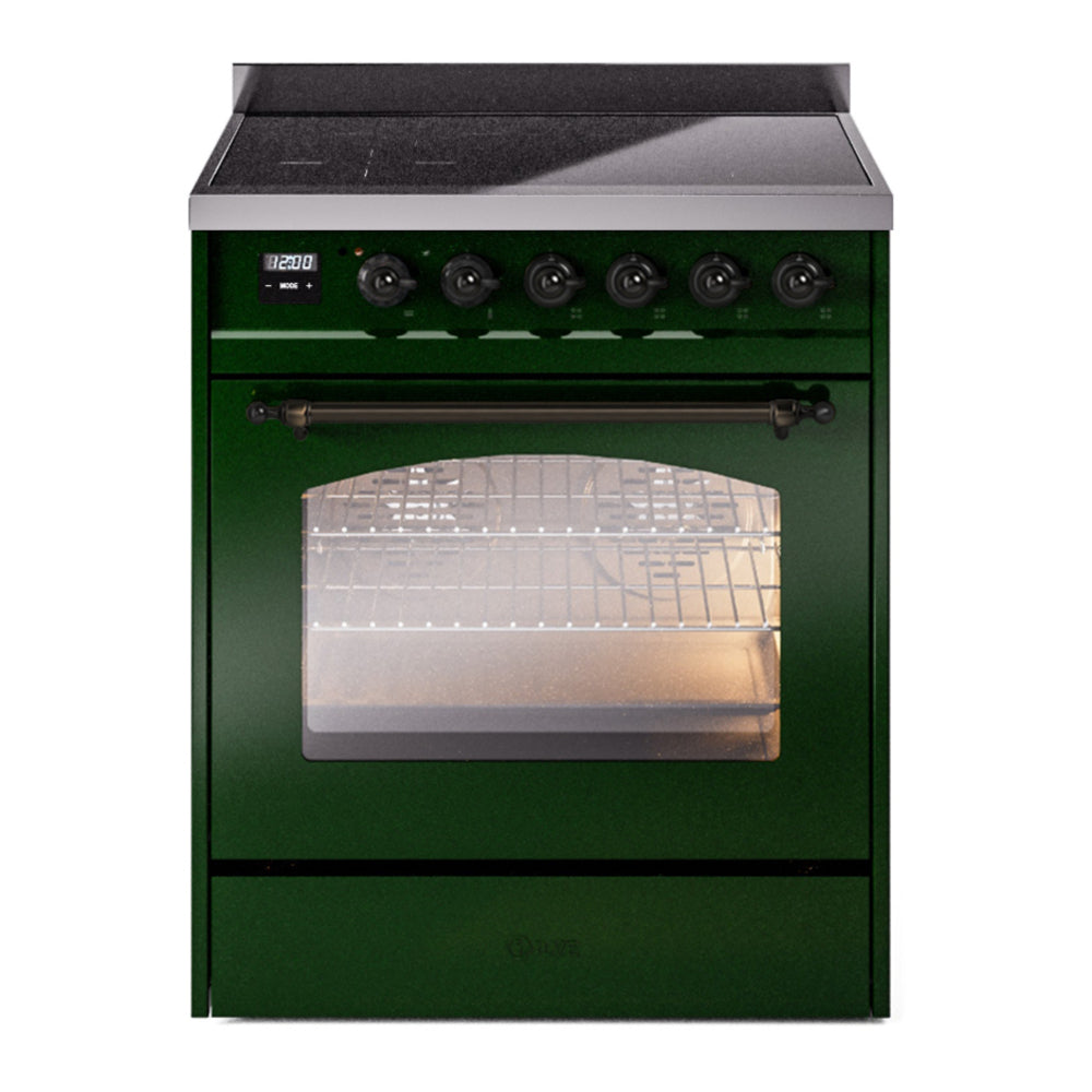 ILVE Nostalgie II 30" Induction Range - 4-Element Induction, 4.0 cu. ft. Oven - Triple Glass Door - Emerald Green / Bronze