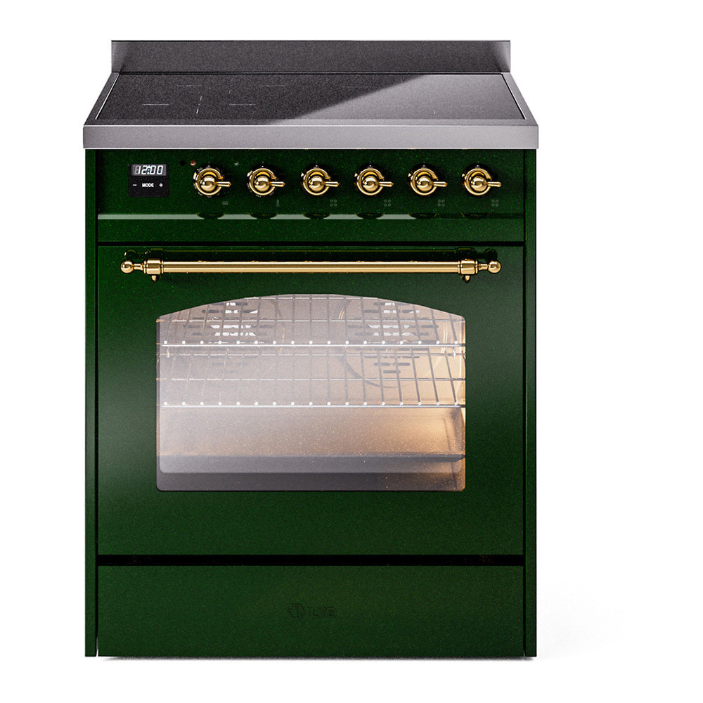 ILVE Nostalgie II 30" Induction Range - 4-Element Induction, 4.0 cu. ft. Oven - Triple Glass Door - Emerald Green / Brass