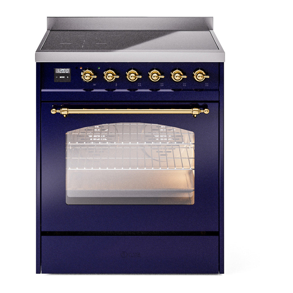 ILVE Nostalgie II 30" Induction Range - 4-Element Induction, 4.0 cu. ft. Oven - Triple Glass Door - Midnight Blue / Brass