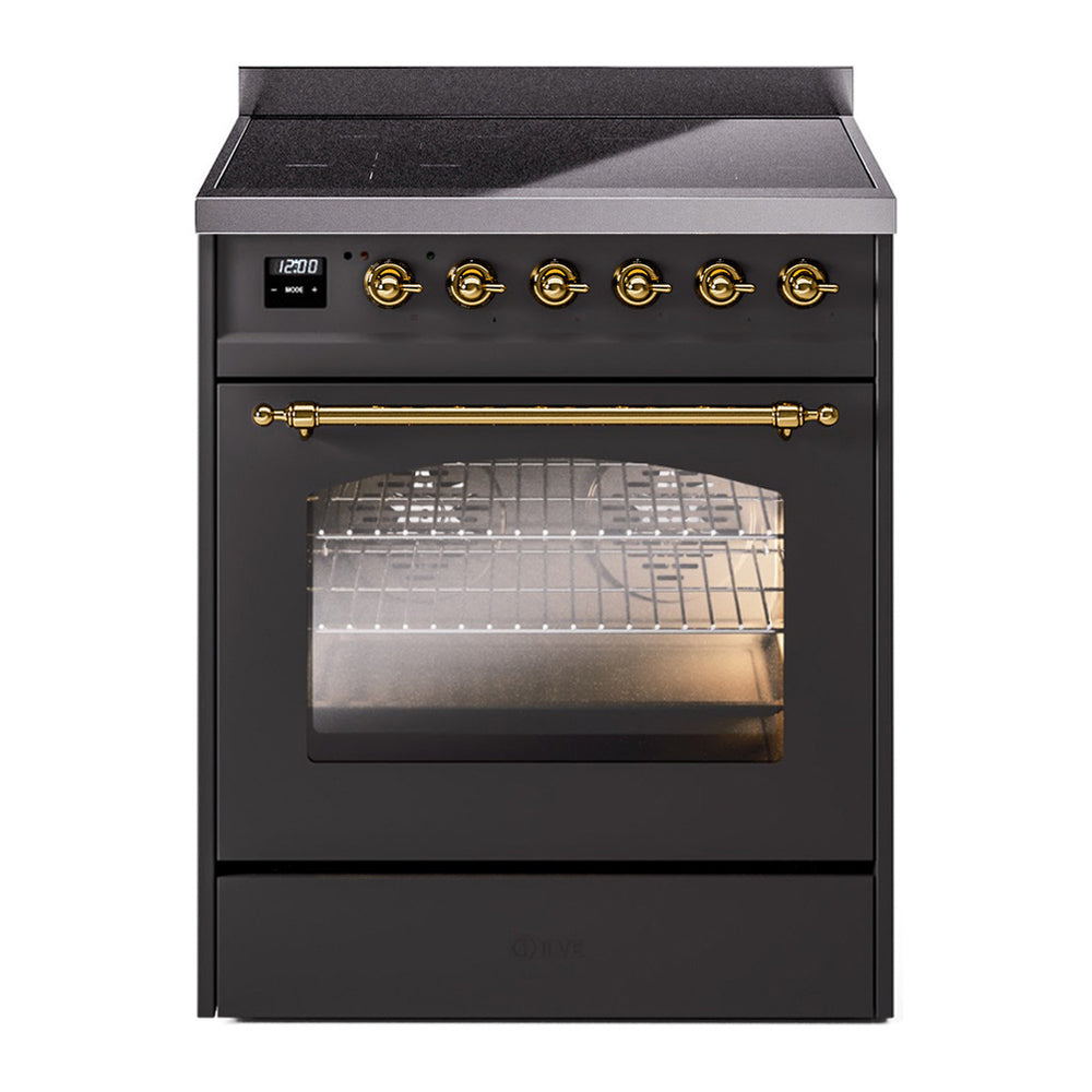 ILVE Nostalgie II 30" Induction Range - 4-Element Induction, 4.0 cu. ft. Oven - Triple Glass Door - Graphite Matte / Brass