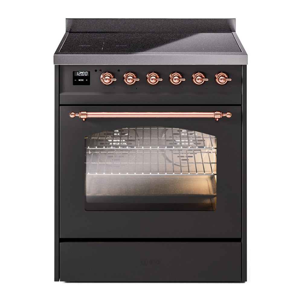 ILVE Nostalgie II 30" Induction Range - 4-Element Induction, 4.0 cu. ft. Oven - Triple Glass Door - Graphite Matte / Copper