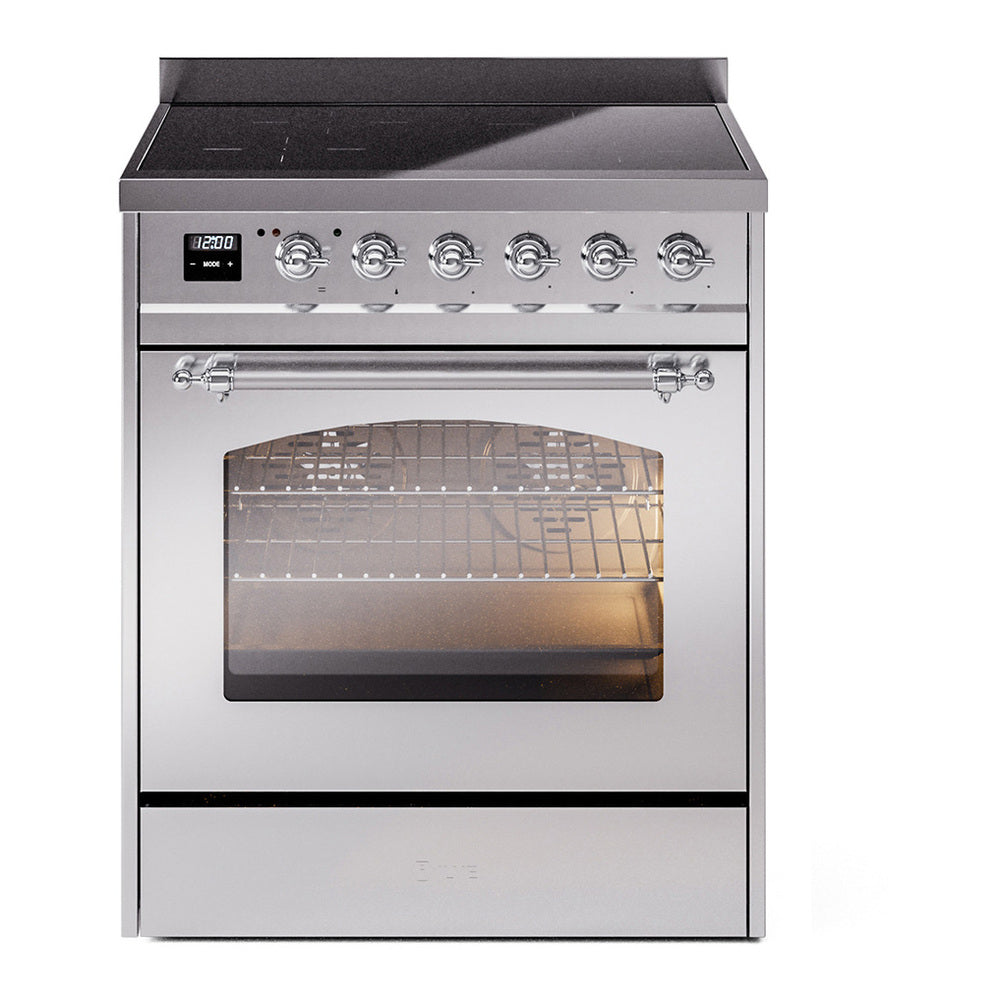 ILVE Nostalgie II 30" Induction Range - 4-Element Induction, 4.0 cu. ft. Oven - Triple Glass Door - Stainless Steel / Chrome