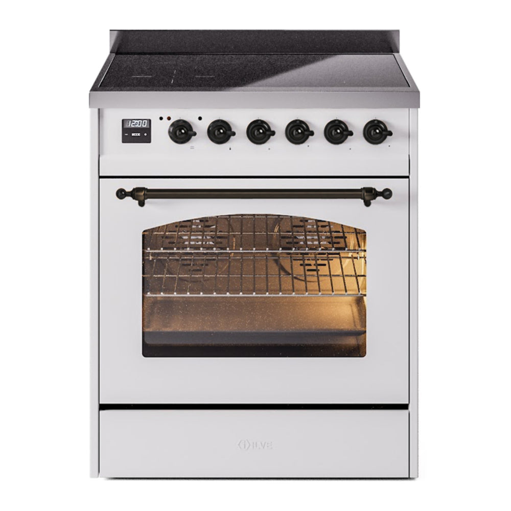 ILVE Nostalgie II 30" Induction Range - 4-Element Induction, 4.0 cu. ft. Oven - Triple Glass Door - White / Bronze