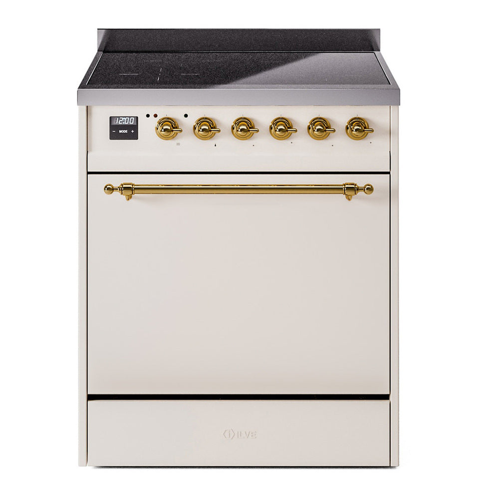 ILVE Nostalgie II 30" Induction Range - 4-Element Induction, 4.0 cu. ft. Oven - Solid Door - Antique White / Brass