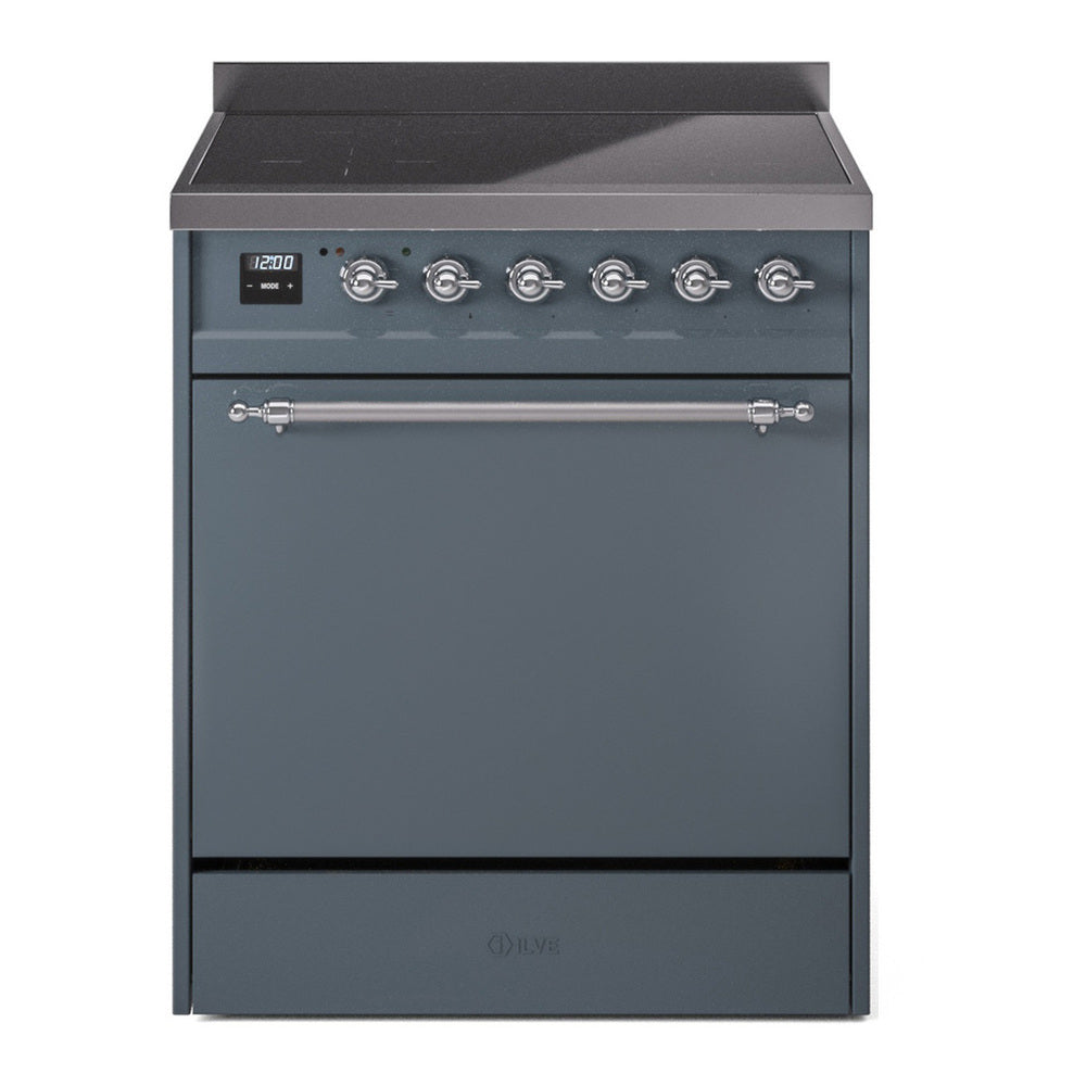 ILVE Nostalgie II 30" Induction Range - 4-Element Induction, 4.0 cu. ft. Oven - Solid Door - Blue Grey / Chrome