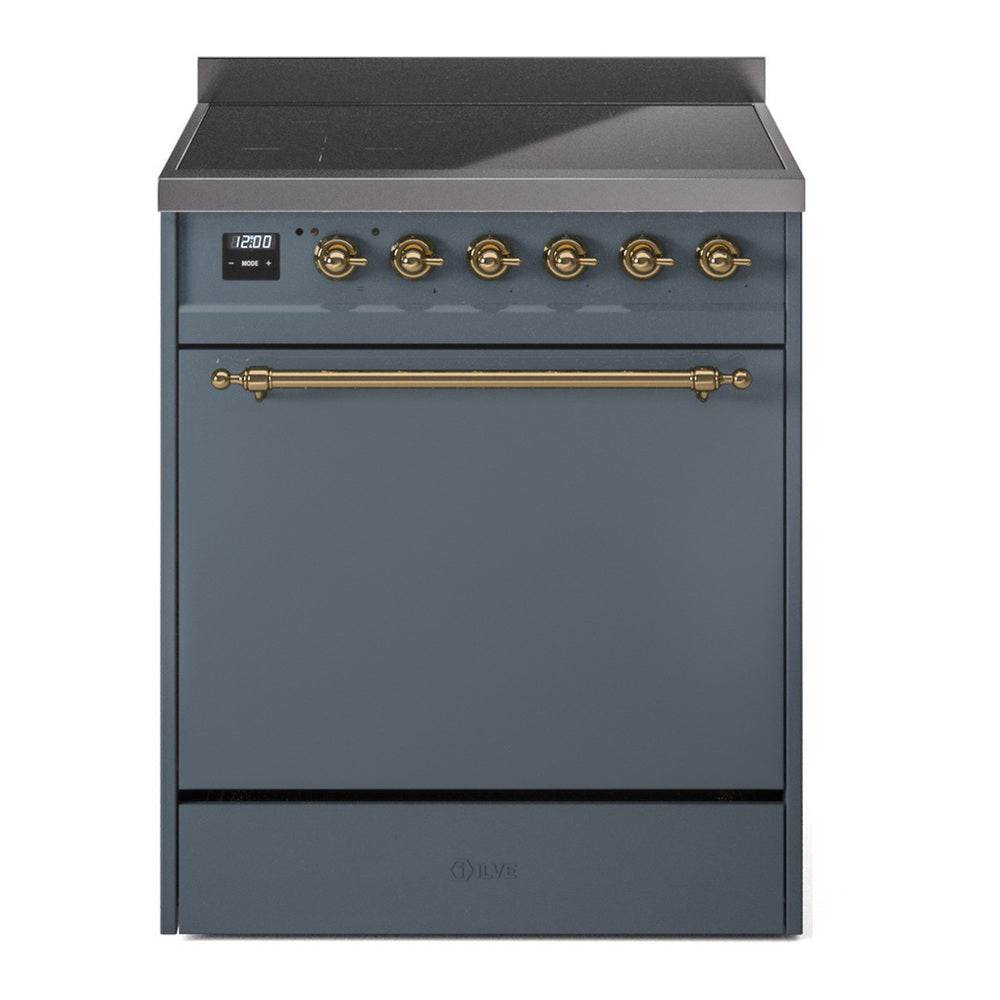 ILVE Nostalgie II 30" Induction Range - 4-Element Induction, 4.0 cu. ft. Oven - Solid Door - Blue Grey / Brass
