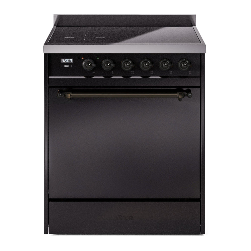 ILVE Nostalgie II 30" Induction Range - 4-Element Induction, 4.0 cu. ft. Oven - Solid Door - Glossy Black / Bronze