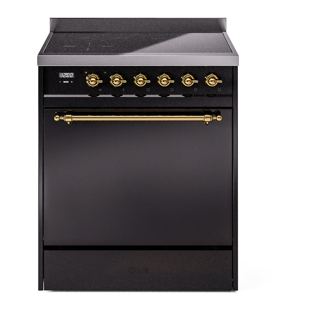ILVE Nostalgie II 30" Induction Range - 4-Element Induction, 4.0 cu. ft. Oven - Solid Door - Glossy Black / Brass