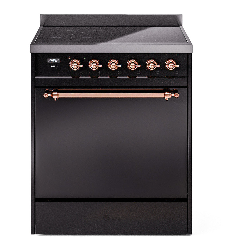 ILVE Nostalgie II 30" Induction Range - 4-Element Induction, 4.0 cu. ft. Oven - Solid Door - Glossy Black / Copper
