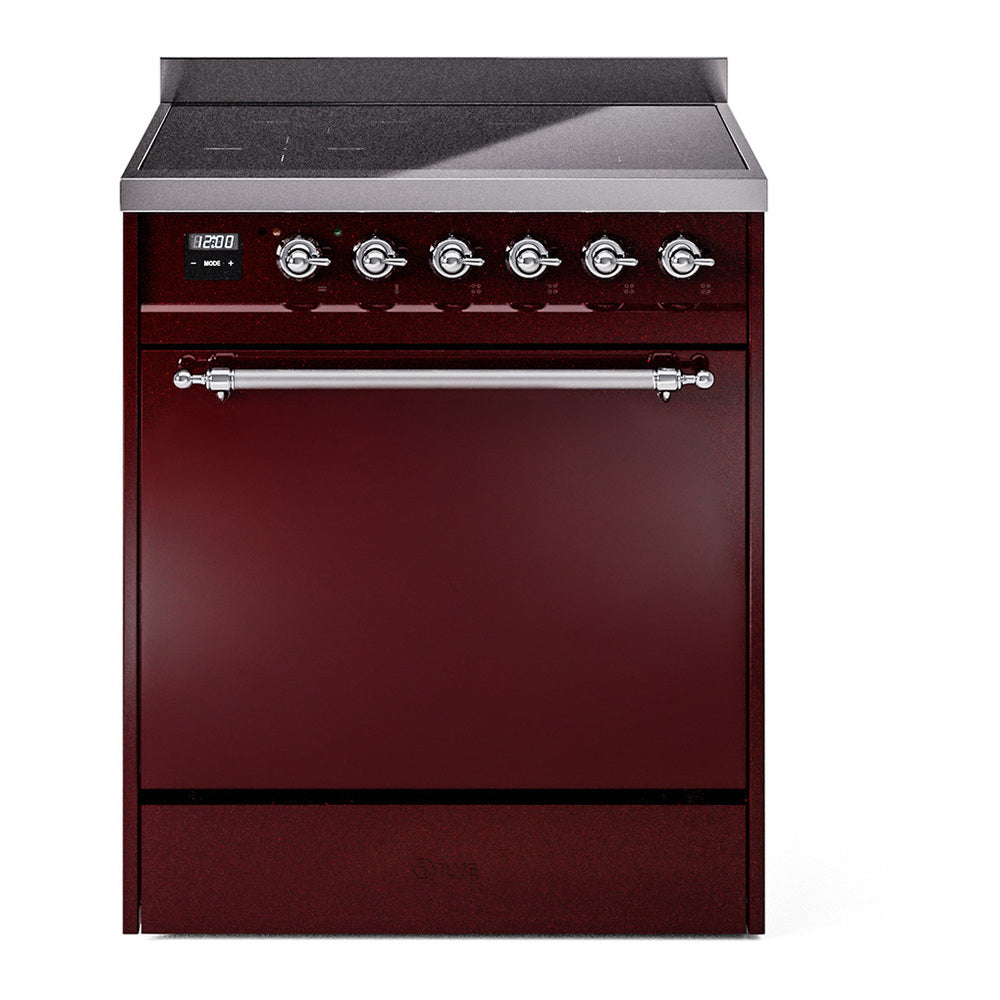 ILVE Nostalgie II 30" Induction Range - 4-Element Induction, 4.0 cu. ft. Oven - Solid Door - Burgundy / Chrome