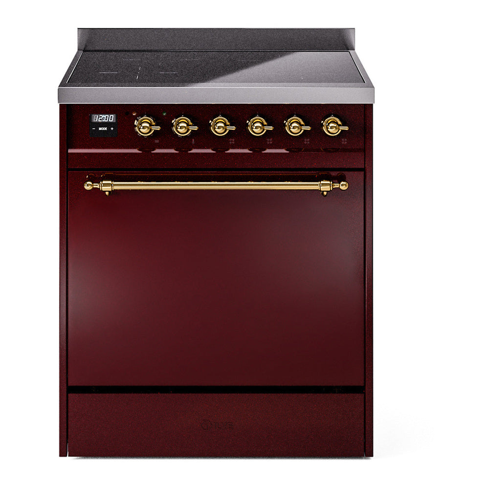 ILVE Nostalgie II 30" Induction Range - 4-Element Induction, 4.0 cu. ft. Oven - Solid Door - Burgundy / Brass