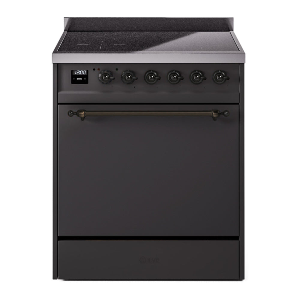 ILVE Nostalgie II 30" Induction Range - 4-Element Induction, 4.0 cu. ft. Oven - Solid Door - Graphite Matte / Bronze