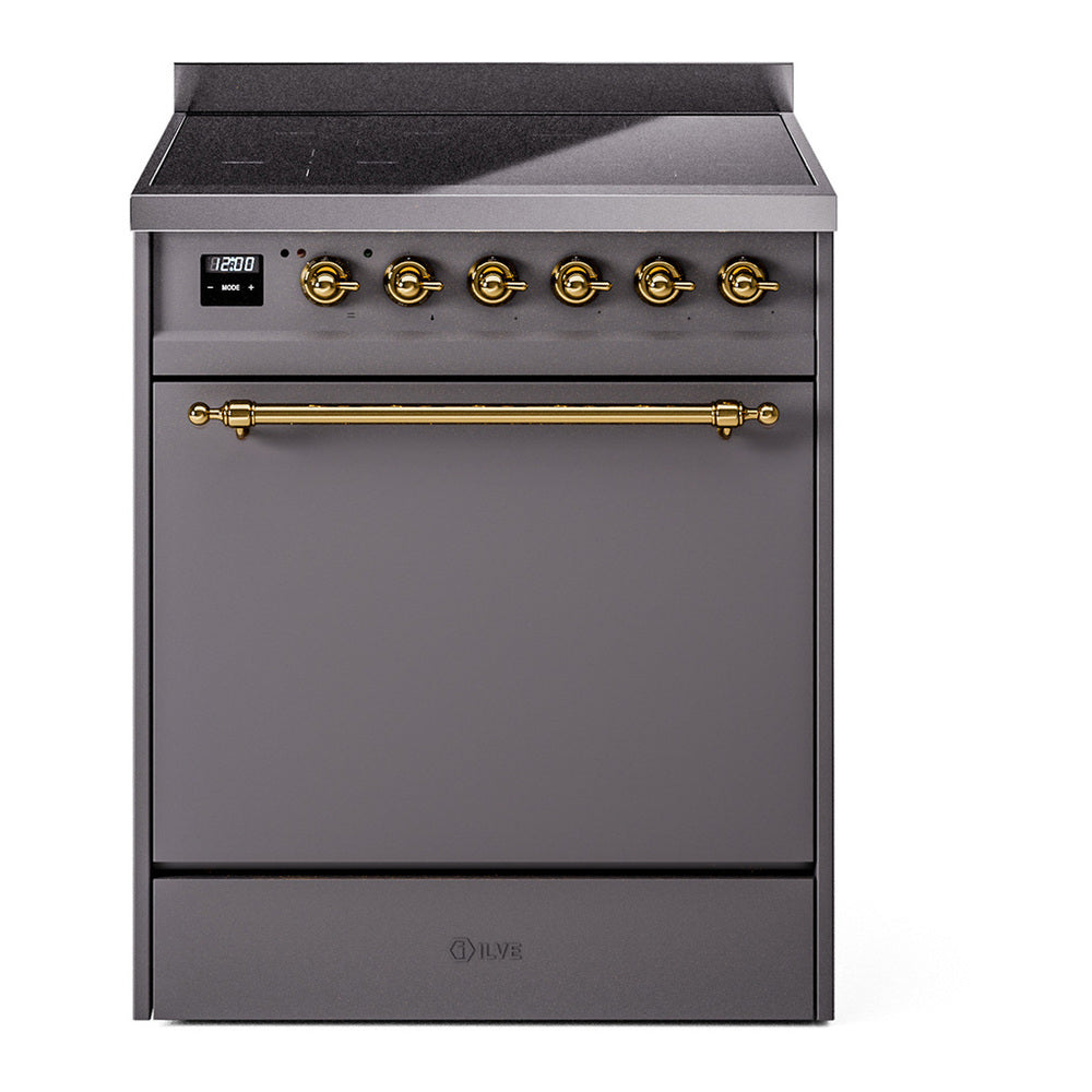 ILVE Nostalgie II 30" Induction Range - 4-Element Induction, 4.0 cu. ft. Oven - Solid Door - Graphite Matte / Brass