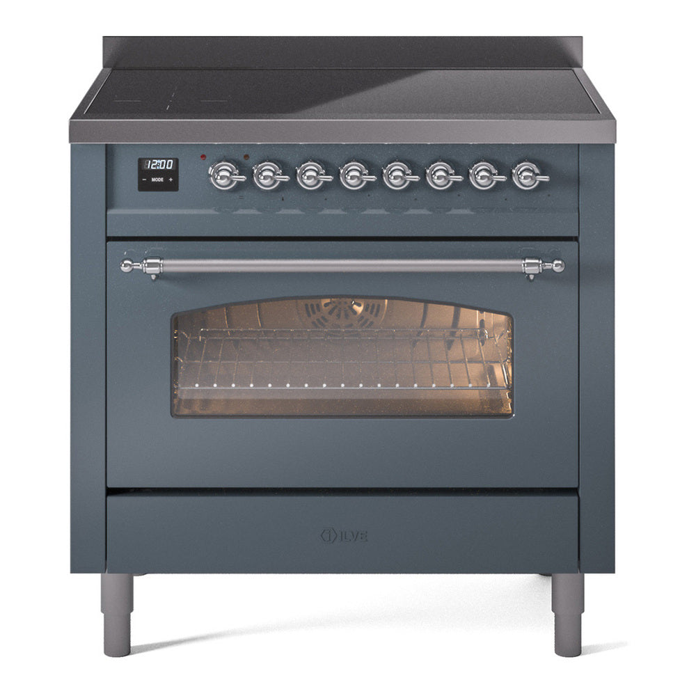 ILVE Nostalgie II 36" Induction Range - 6-Element Induction, 3.5 cu. ft. Oven - Triple Glass Door - Blue Grey / Chrome