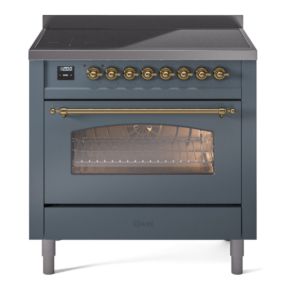 ILVE Nostalgie II 36" Induction Range - 6-Element Induction, 3.5 cu. ft. Oven - Triple Glass Door - Blue Grey / Brass
