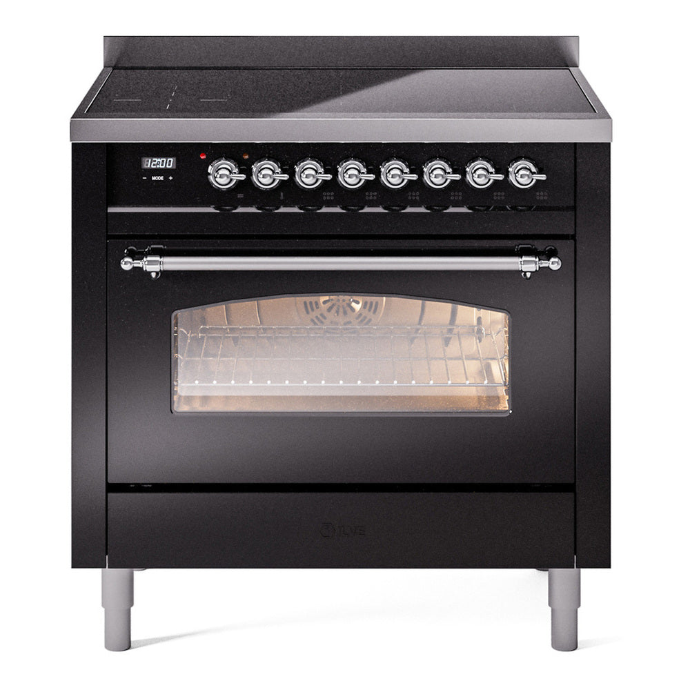 ILVE Nostalgie II 36" Induction Range - 6-Element Induction, 3.5 cu. ft. Oven - Triple Glass Door - Glossy Black / Chrome