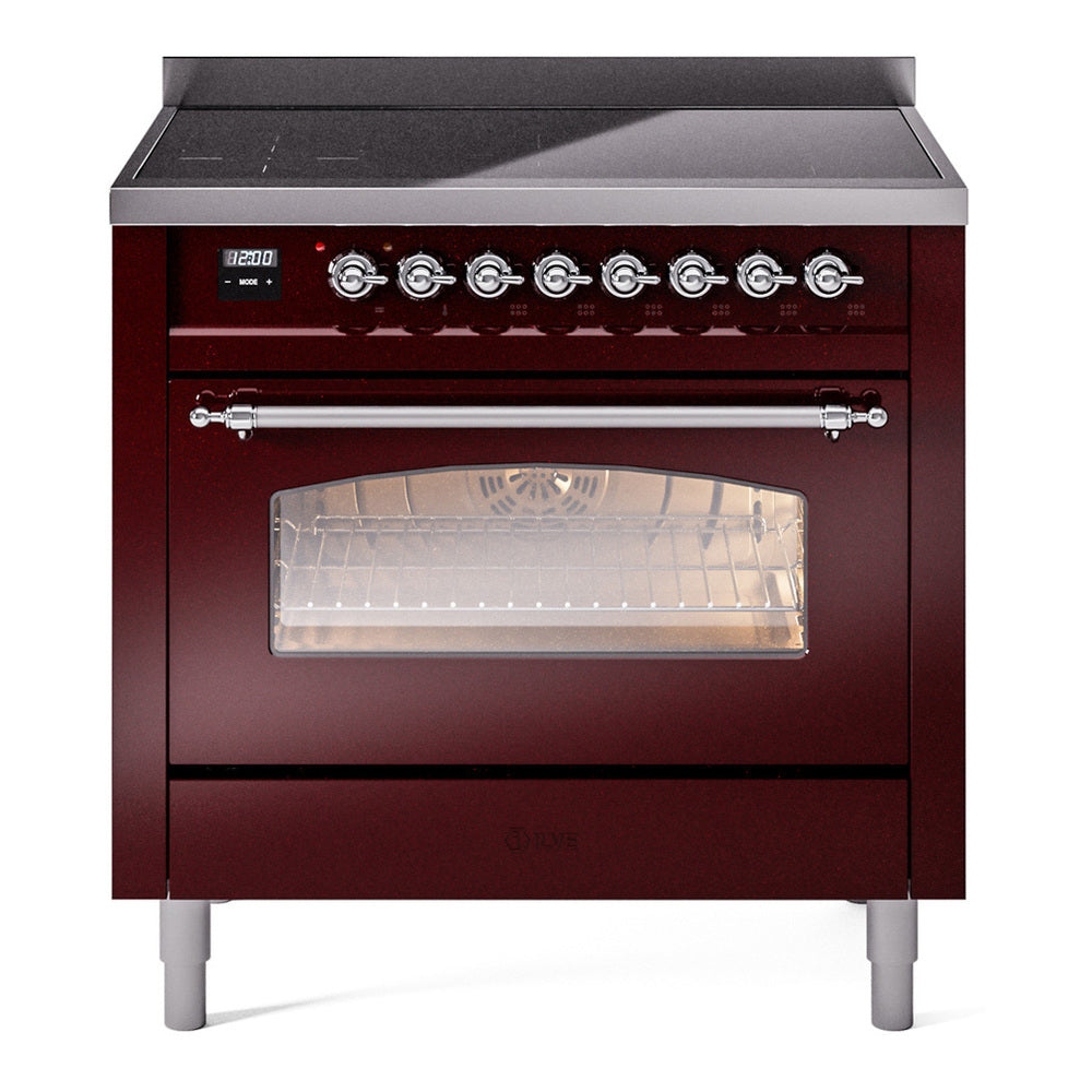 ILVE Nostalgie II 36" Induction Range - 6-Element Induction, 3.5 cu. ft. Oven - Triple Glass Door - Burgundy / Chrome