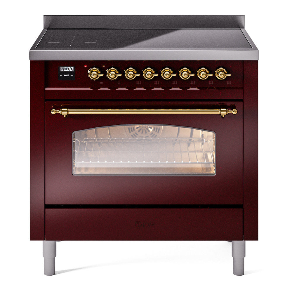 ILVE Nostalgie II 36" Induction Range - 6-Element Induction, 3.5 cu. ft. Oven - Triple Glass Door - Burgundy / Brass