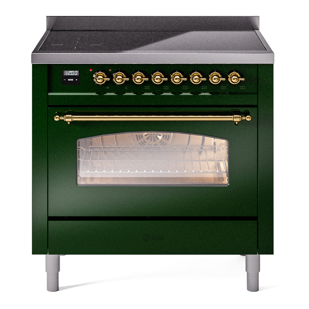 ILVE Nostalgie II 36" Induction Range - 6-Element Induction, 3.5 cu. ft. Oven - Triple Glass Door - Emerald Green / Brass