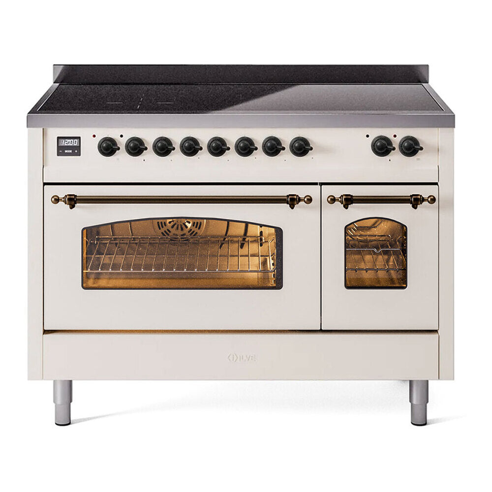 ILVE Nostalgie II 48" Induction Range - Double Ovens, 6-Element Induction - Triple Glass Door - Antique White / Bronze
