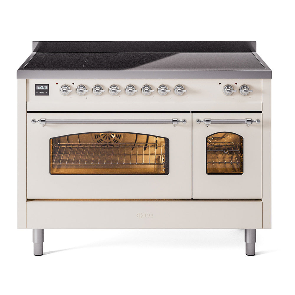 ILVE Nostalgie II 48" Induction Range - Double Ovens, 6-Element Induction - Triple Glass Door - Antique White / Chrome