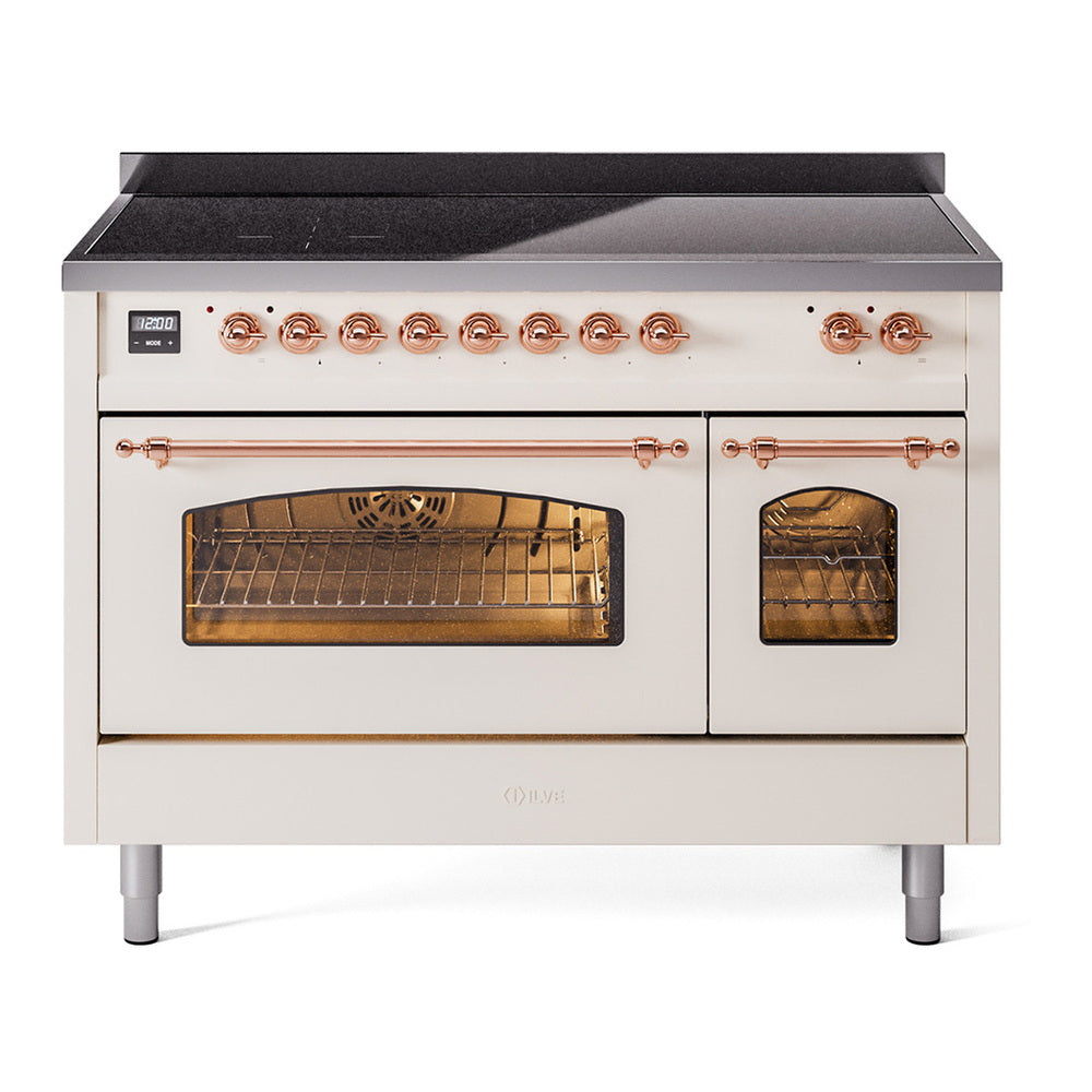 ILVE Nostalgie II 48" Induction Range - Double Ovens, 6-Element Induction - Triple Glass Door - Antique White / Copper