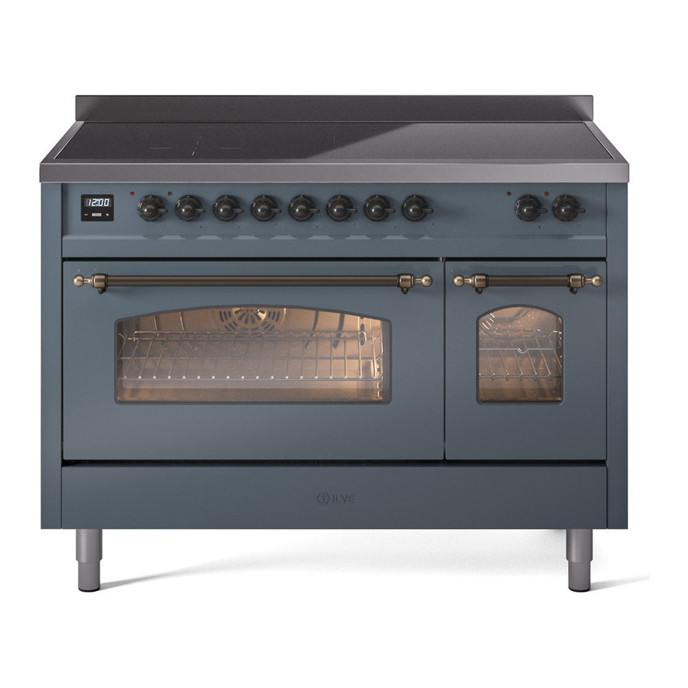 ILVE Nostalgie II 48" Induction Range - Double Ovens, 6-Element Induction - Triple Glass Door - Blue Grey / Bronze