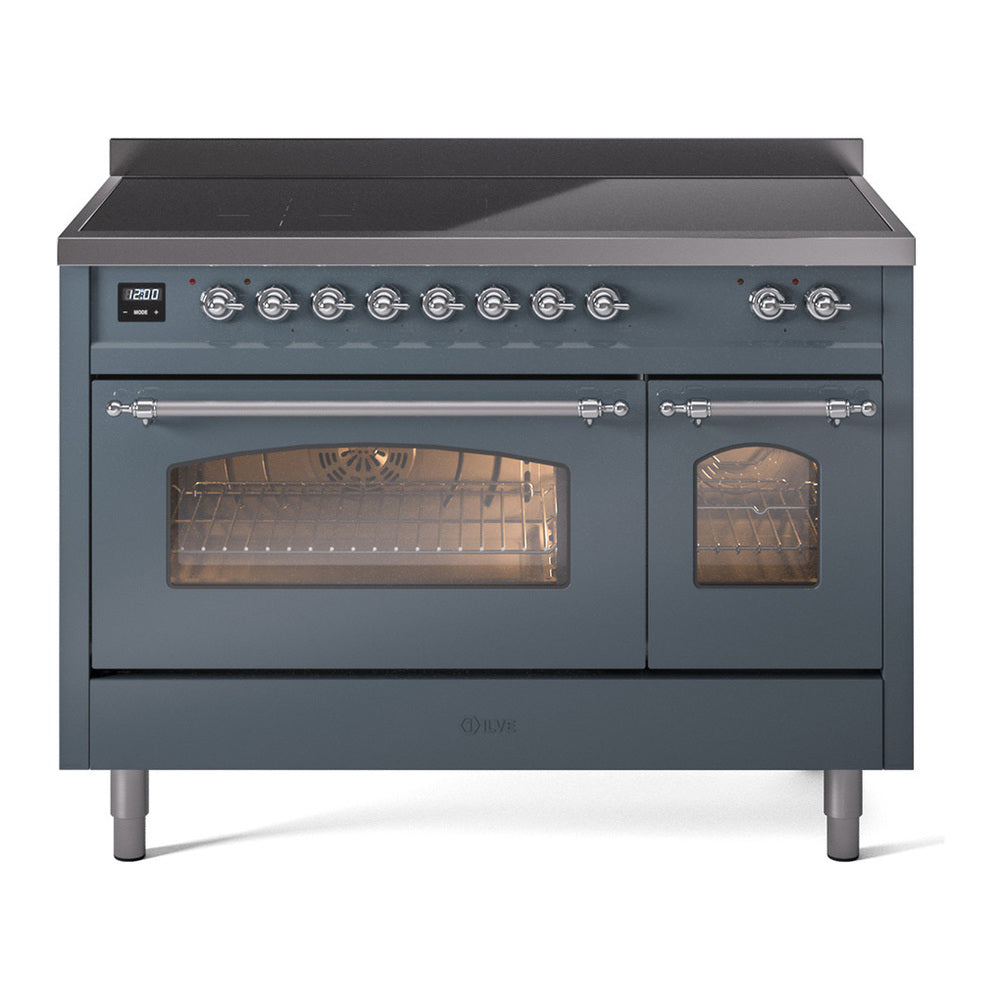 ILVE Nostalgie II 48" Induction Range - Double Ovens, 6-Element Induction - Triple Glass Door - Blue Grey / Chrome