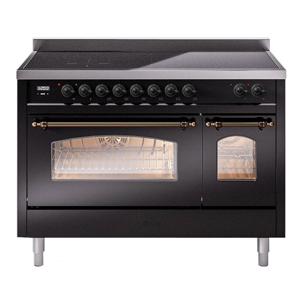 ILVE Nostalgie II 48" Induction Range - Double Ovens, 6-Element Induction - Triple Glass Door - Glossy Black / Bronze