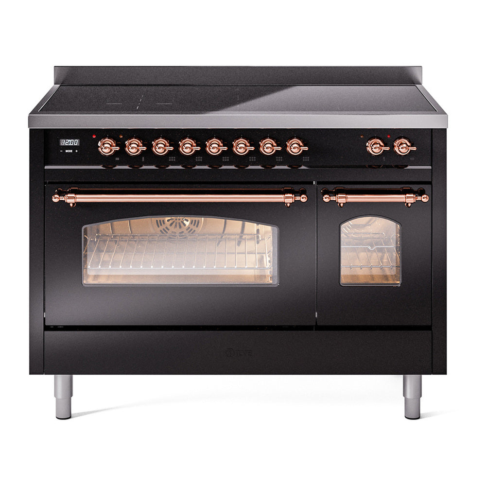 ILVE Nostalgie II 48" Induction Range - Double Ovens, 6-Element Induction - Triple Glass Door - Glossy Black / Copper