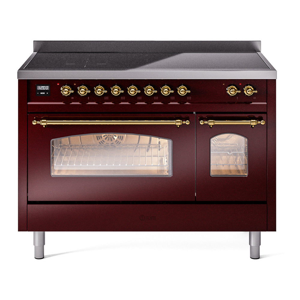 ILVE Nostalgie II 48" Induction Range - Double Ovens, 6-Element Induction - Triple Glass Door - Burgundy / Brass