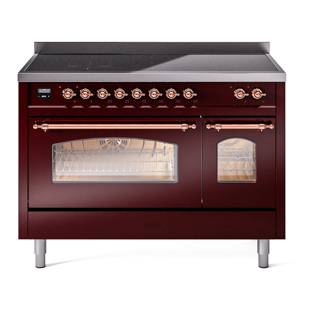 ILVE Nostalgie II 48" Induction Range - Double Ovens, 6-Element Induction - Triple Glass Door - Burgundy / Copper