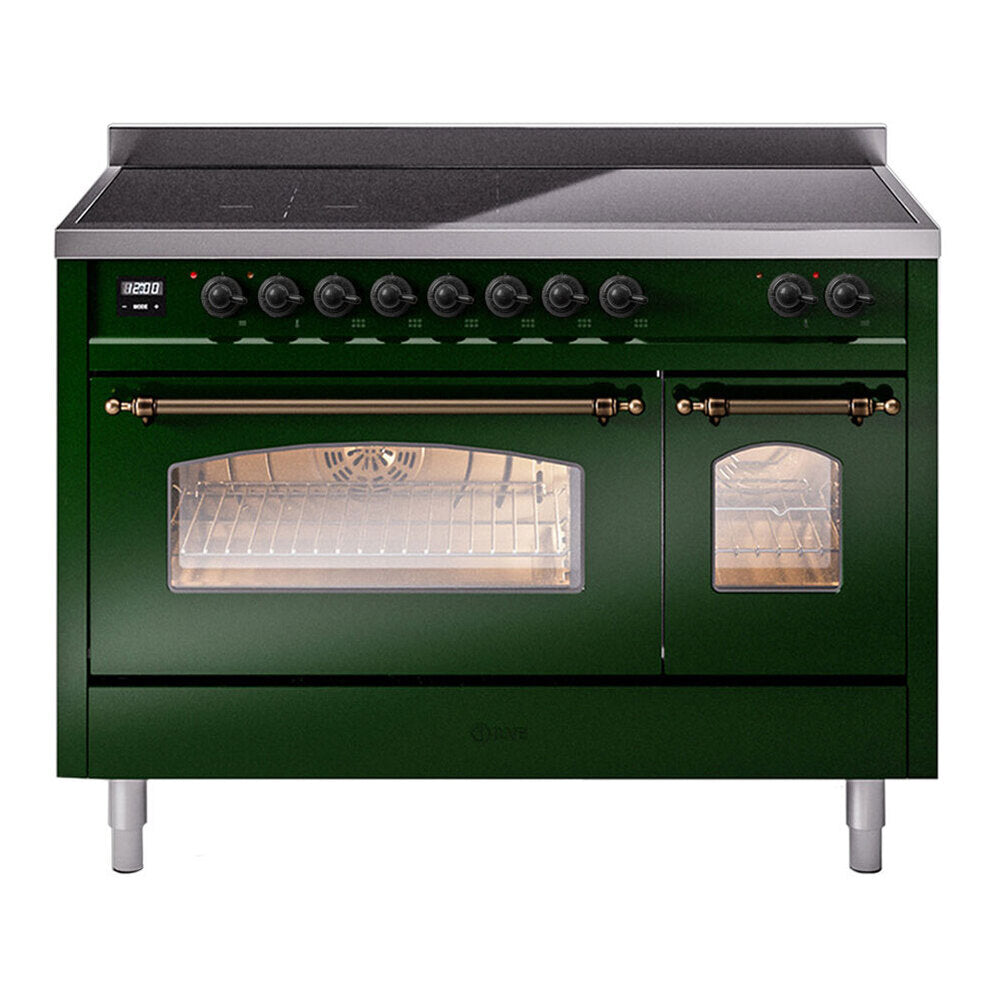 ILVE Nostalgie II 48" Induction Range - Double Ovens, 6-Element Induction - Triple Glass Door - Emerald Green / Bronze
