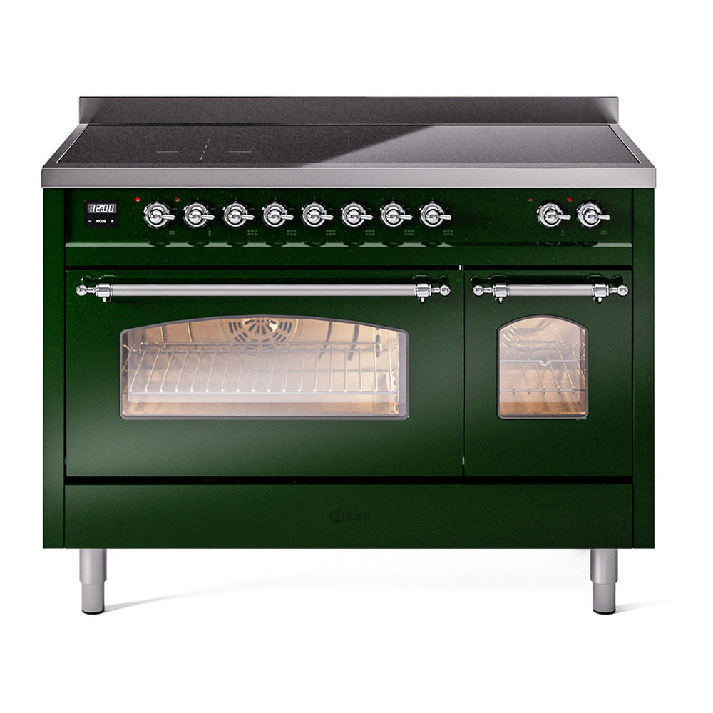 ILVE Nostalgie II 48" Induction Range - Double Ovens, 6-Element Induction - Triple Glass Door - Emerald Green / Chrome